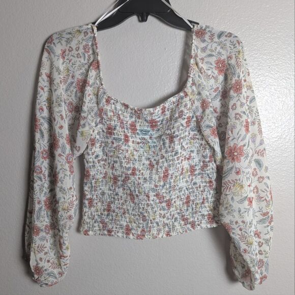 Love Tree Smocked Crop Top Off White Coral Yellow Floral Peasant Blouse M - Picture 4 of 7